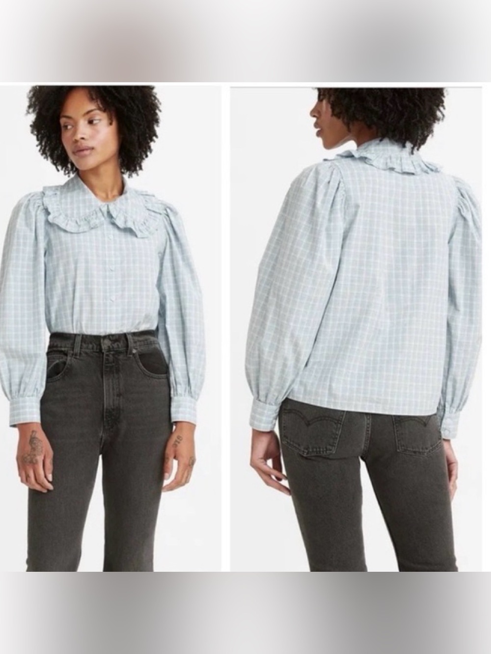 Levi’s Emilie Button Up Plaid Blue Ruffle Collar Blouse Puff Long Sleeve Size S